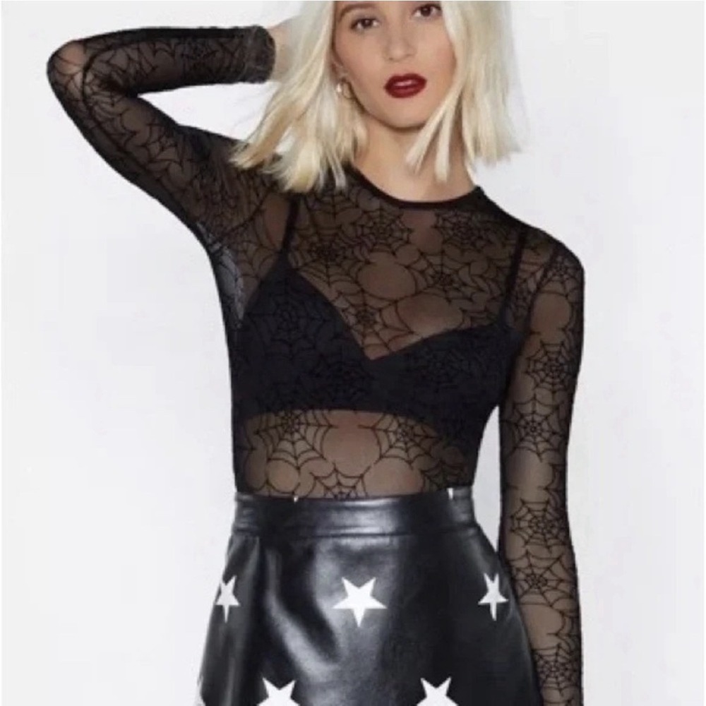 NASTYGAL Black Sheer Spiderweb Long Sleeve Mesh Bodysuit Size 8